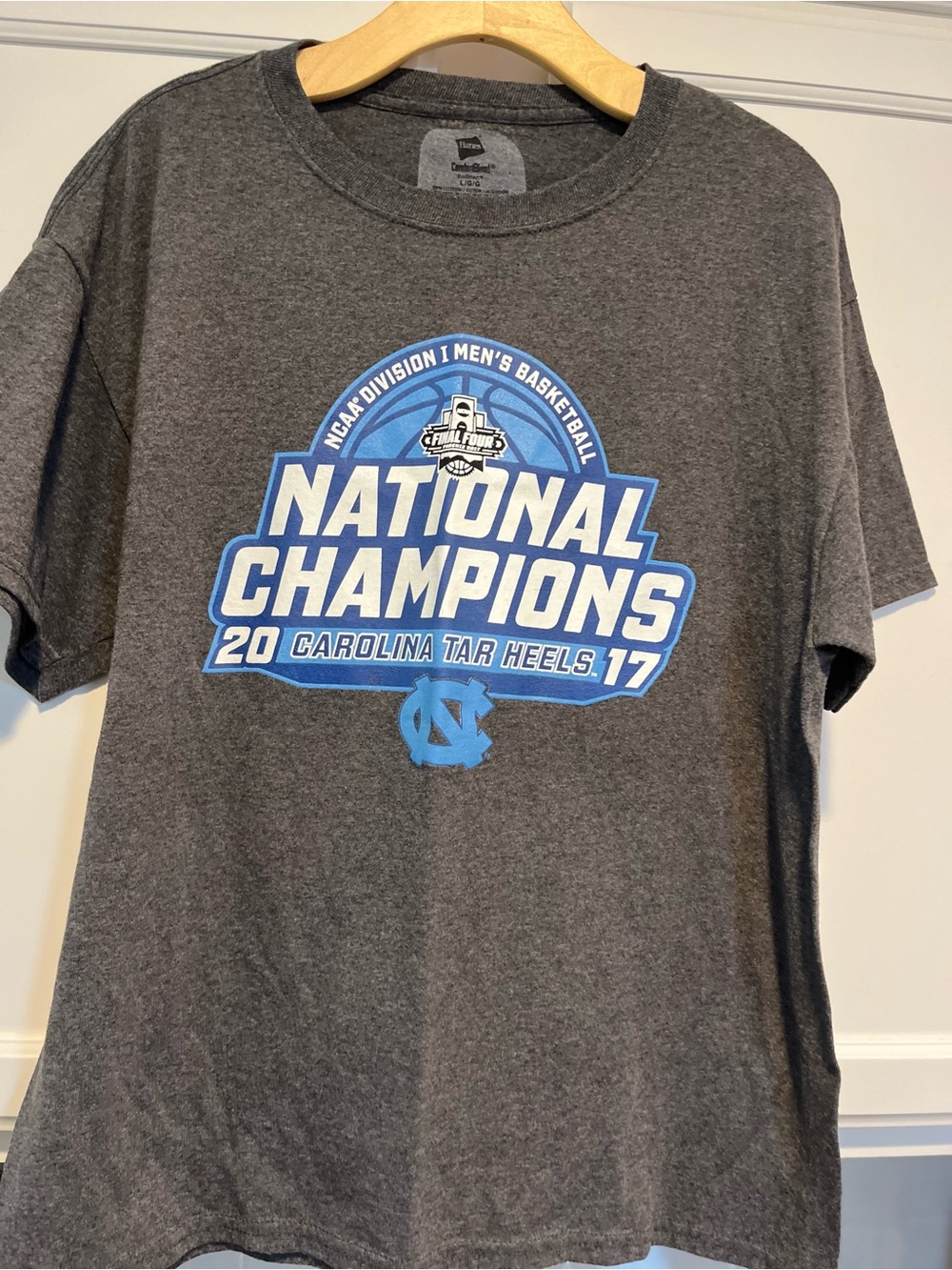 Hanes Gray National Champions T-Shirt with Light Blue and White Graphics